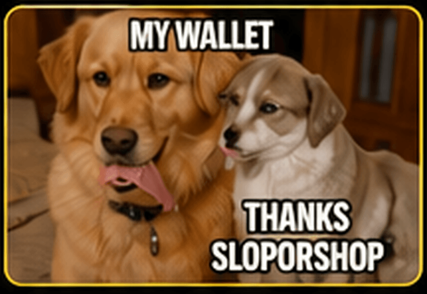 Two dogs meme captioned my wallet, thanks SlopOrShop